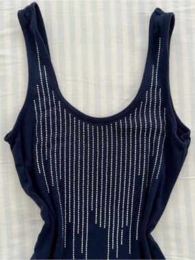 Y2k Navy Express Tank Top with Silver Rhinestone Drip Detail